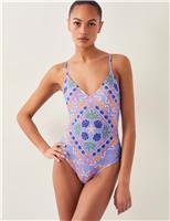 Monsoon Mabel Shell Print Padded V-Neck Swimsuit Blue Mix