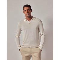 Hawes & Curtis Pure Cotton Open Neck Knitted Polo Shirt Cream
