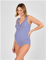 JoJo Maman Bb Maternity Striped Frill V-Neck Swimsuit Navy Mix
