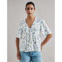 Liinen Blend Blossom Print Button Through Top