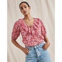 Pure Cotton Woodblock Print Frill Neck Top
