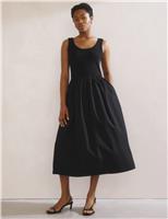 Pure Cotton Round Neck Midi Waisted Dress