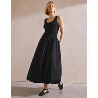 Cotton Rich Round Neck Midi Waisted Dress