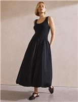 Cotton Rich Round Neck Midi Waisted Dress