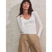 Ribbed V-Neck Scallop Edge Knitted Top