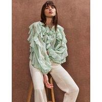 Lyocell Rich Tie Neck Ruffle Sleeve Blouse
