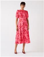 Satin Textured Floral Midi Tea Dress
