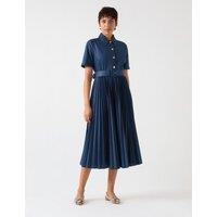 Collared Belted Pleated Midi Shirt Dress