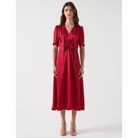Satin V-Neck Tie Neck Midi Skater Dress