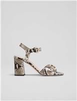 Leather Snake Print Block Heel Sandals
