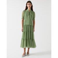 Striped V-Neck Tie Neck Midi Tiered Dress