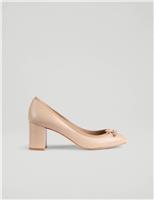 Leather Bow Block Heel Court Shoes
