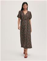 Crepe Ditsy Floral V-Neck Midi Tea Dress