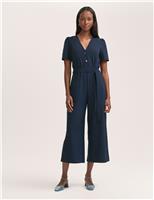 Crepe Button Front Short Sleeve Jumpsuit