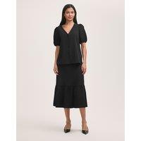 Crepe V-Neck Puff Sleeve Blouse