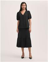 Crepe V-Neck Puff Sleeve Blouse