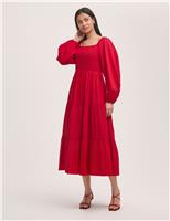 Finery London Pure Cotton Square Neck Midi Tiered Dress Red