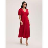 Crepe V-Neck Puff Sleeve Midi Tea Dress