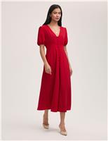 Crepe V-Neck Puff Sleeve Midi Tea Dress