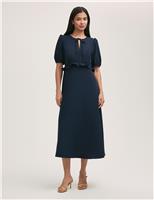 Finery London Crepe Tie Neck Frill Detail Midi Tea Dress Light Blue