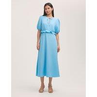 Finery London Crepe Tie Neck Frill Detail Midi Tea Dress Light Blue