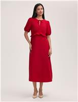 Finery London Crepe Tie Neck Frill Detail Midi Tea Dress Light Blue