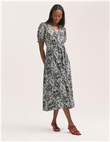 Crepe Printed V-Neck Belted Midi Tea Dress