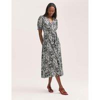 Finery London Crepe Printed V-Neck Belted Midi Tea Dress Black Mix