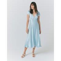 Ghost Satin V-Neck Midaxi Tea Dress Light Blue