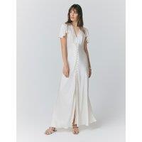 Ghost Satin Button Front Maxi Waisted Dress Ivory