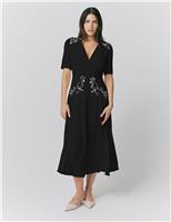 Crepe Embroidered V-Neck Midi Tea Dress
