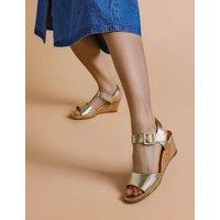 Jones Bootmaker Leather Metallic Ankle Strap Wedge Sandals Gold