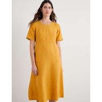 Pure Linen Scoop Neck Midi Waisted Dress