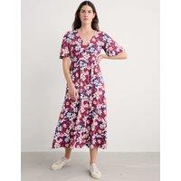 Pure Cotton Floral V-Neck Midaxi Waisted Dress