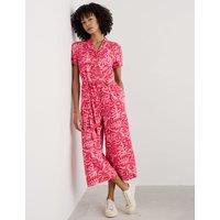 Pure Linen Floral Belted Short Sleeve Jumpsuit