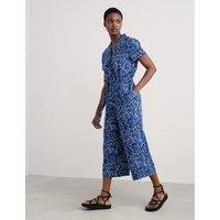 Pure Linen Floral V-Neck Cropped Jumpsuit