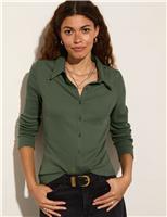 BAUKJEN Pure Cotton Ribbed Button Through Top Khaki