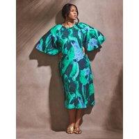 Printed Angel Sleeve Midi Swing Dress