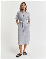 Pure Linen Striped Knee Length Shirt Dress