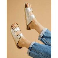 Jones Bootmaker Leather Metallic Buckle Flat Sandals Gold