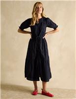 Pure Cotton Broderie V-Neck Midi Waisted Dress