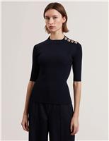 Ted Baker Ribbed High Neck Button Detail Top Navy