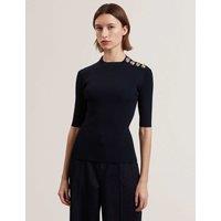 Ted Baker Ribbed High Neck Button Detail Top Navy