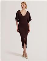 Ted Baker Knitted V-Neck Midi Bodycon Dress Brown