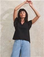 RO&ZO Pure Cotton V-Neck Frill Sleeve Relaxed Top Black