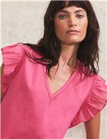 Pure Cotton V-Neck Frill Sleeve Relaxed Top