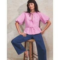 Pure Cotton Tie Front Peplum Top