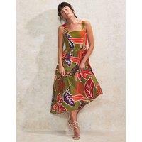 Pure Cotton Leaf Print Midaxi Waisted Dress