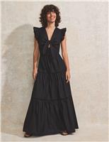 RO&ZO Pure Cotton Tie Neck Tiered Maxi Dress Black