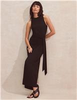 RO&ZO Jersey High Neck Tie Front Midaxi Column Dress Black